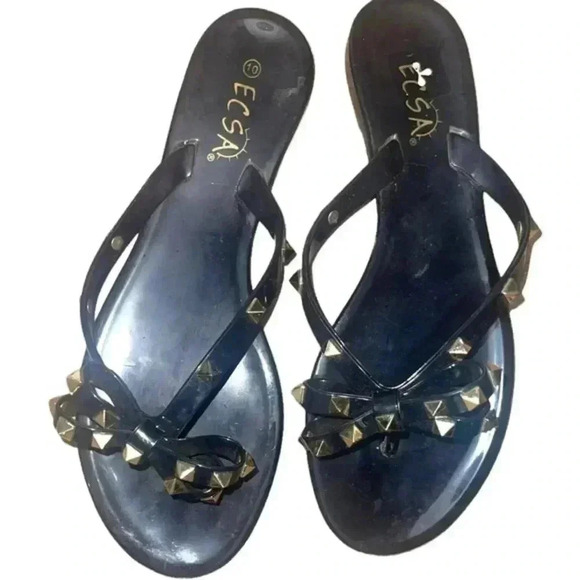 Black Flip Flops with Gold Sequined Bows - Picture 2 of 7